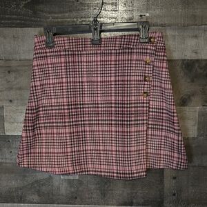 Pink Plaid Mini Skirt with Side Button Detail